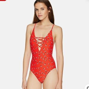 👙🔥 Billabong Chili Red Lace-Up One Piece Swimsuit Small S Beachwear‎ 🔥👙